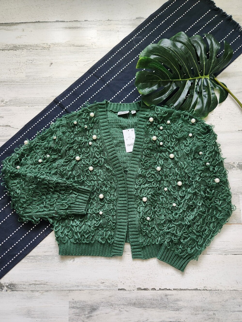 Mighty Fine Pearl Knit Loop Open Cardigan Green NWT Size Small